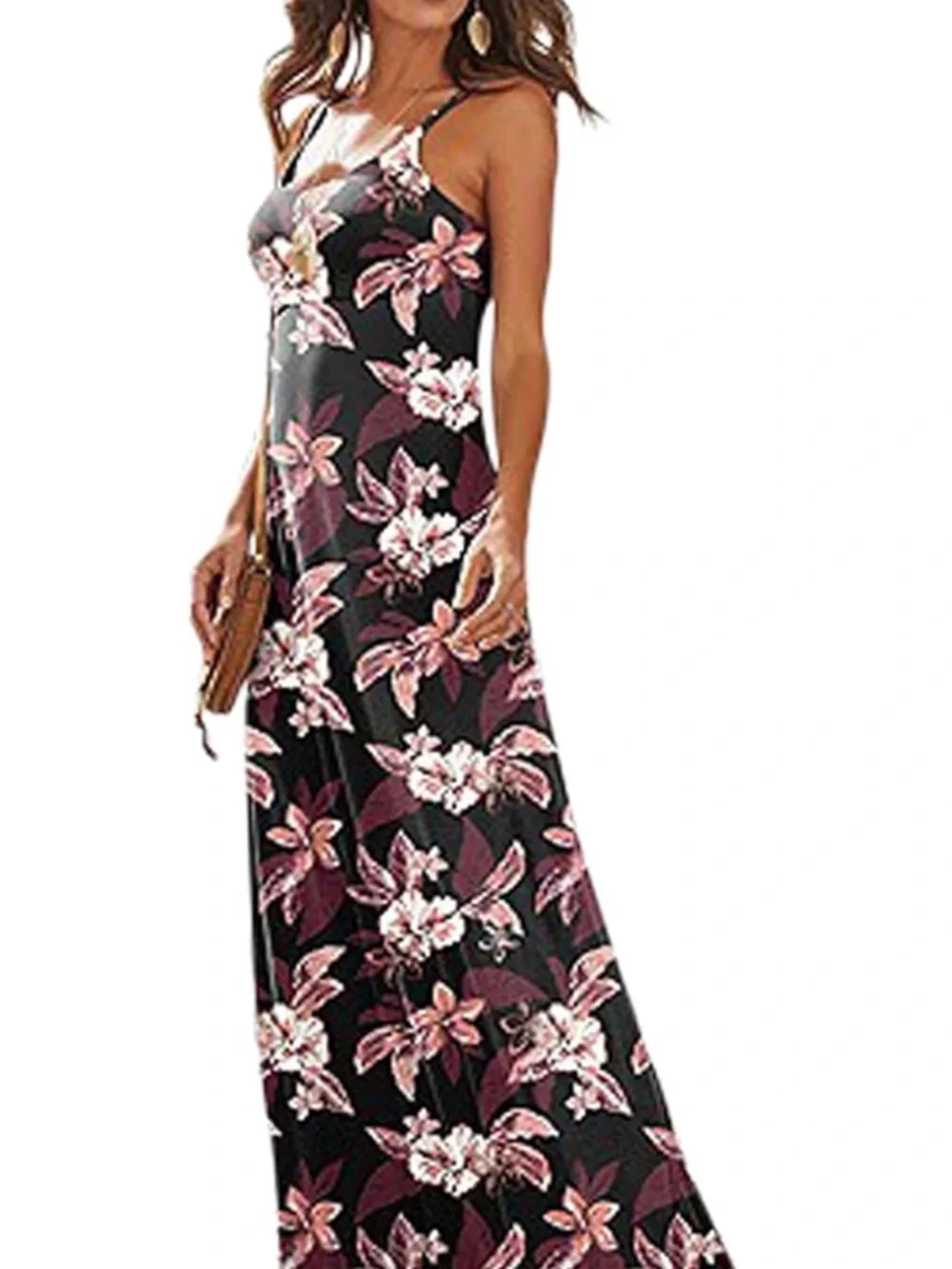 Black Maxi Dress with Pink Floral Print - Sleeveless Summer Sundress Size XS - Picture 1 of 7